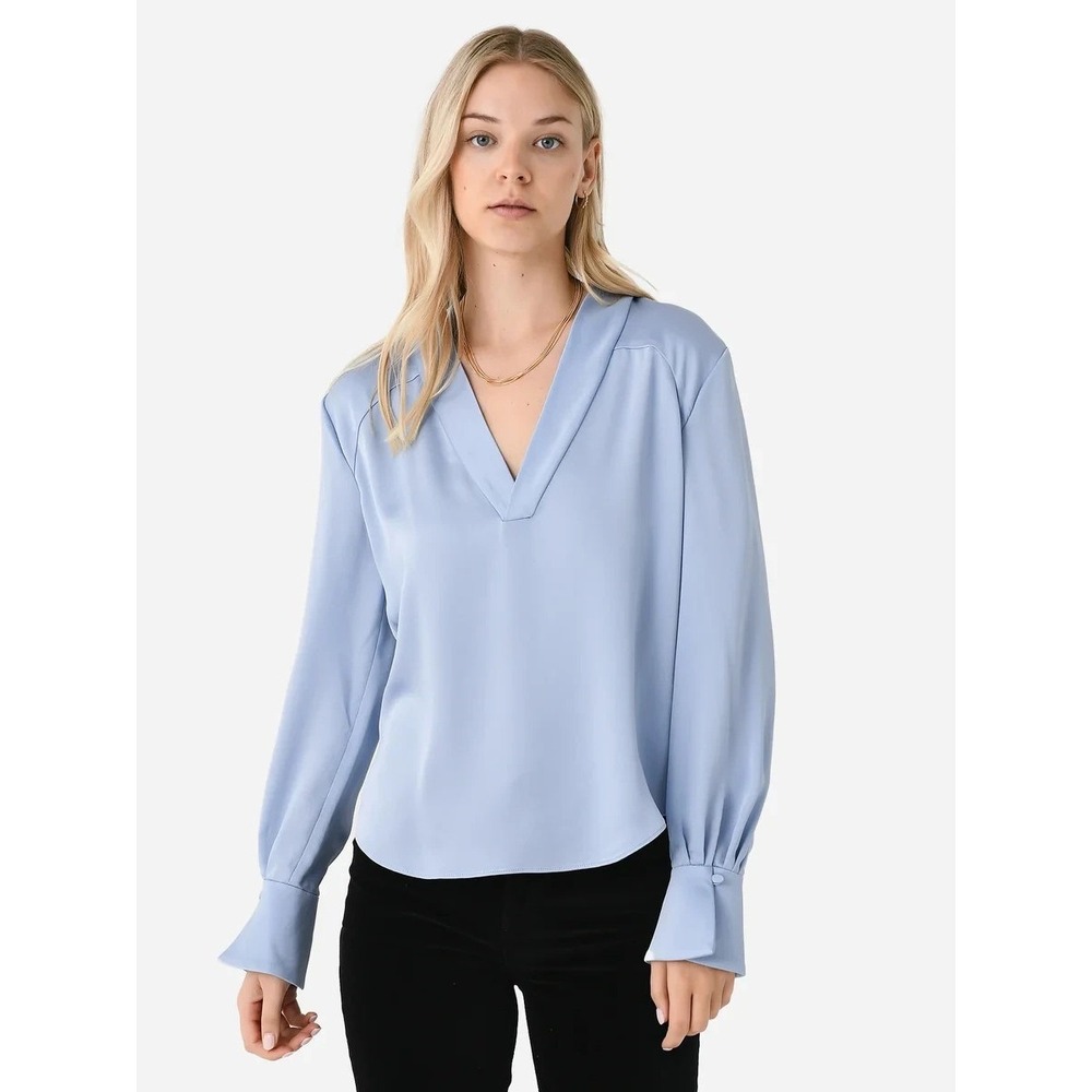 Simkhai Size 10 Women's Maisey V-Neck Blouse in Marina Blue Dressy Top Old Money
